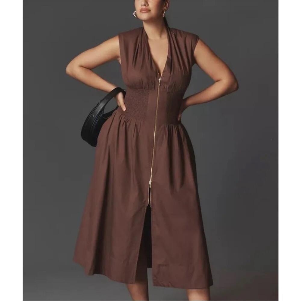 Anthropologie The Tommie Cap Sleeve Smocked Front-Zip Shirt Dress Sz 1X NWT
